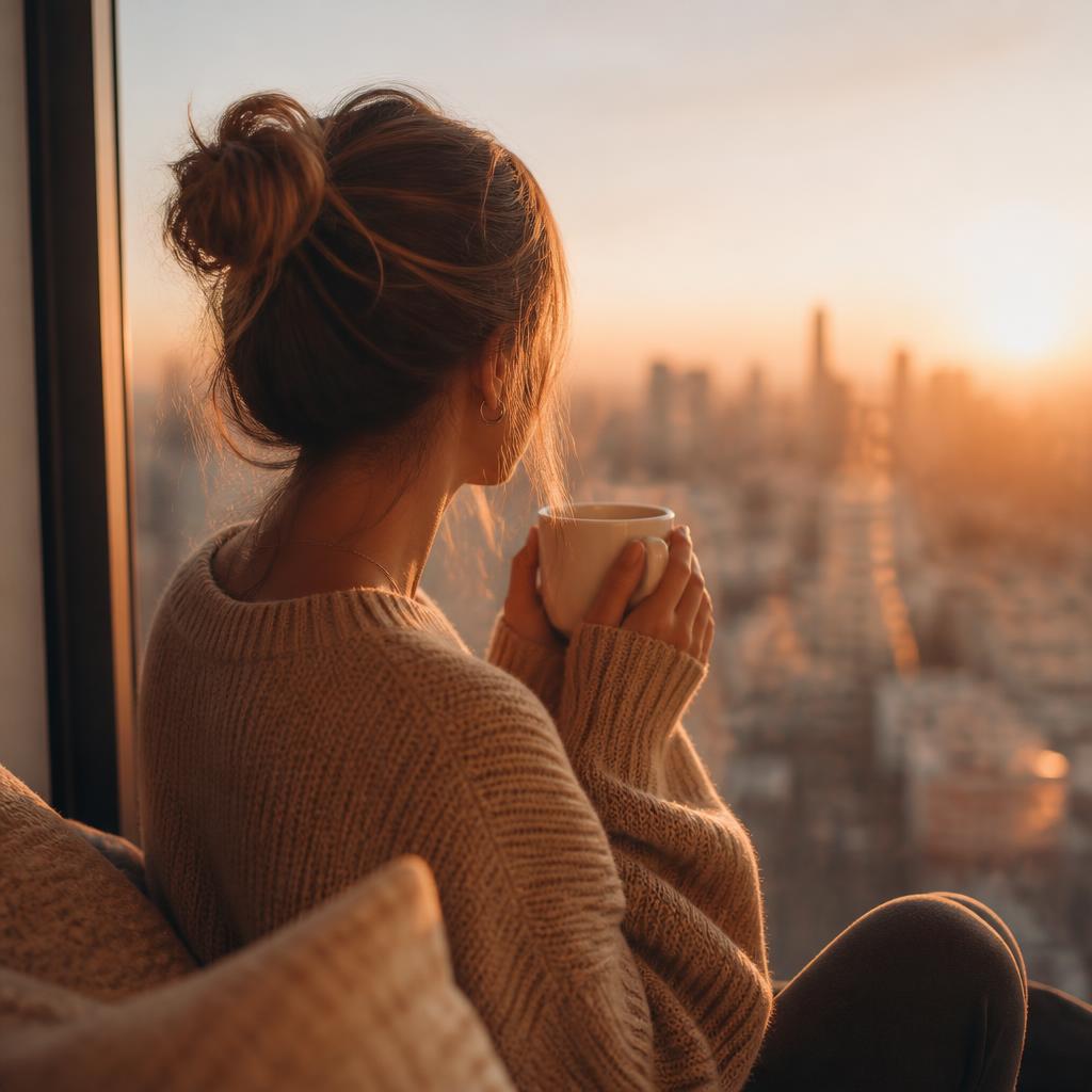 Woman holding a mug looking out of a window at sunset